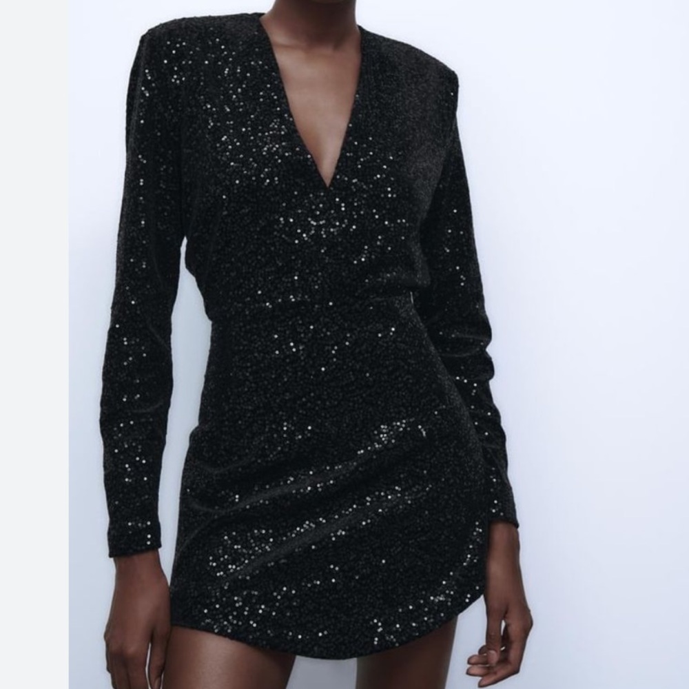 Zara Black Ruched Sequin Bodycon Dress with Long Sleeves and Plunge Neckline